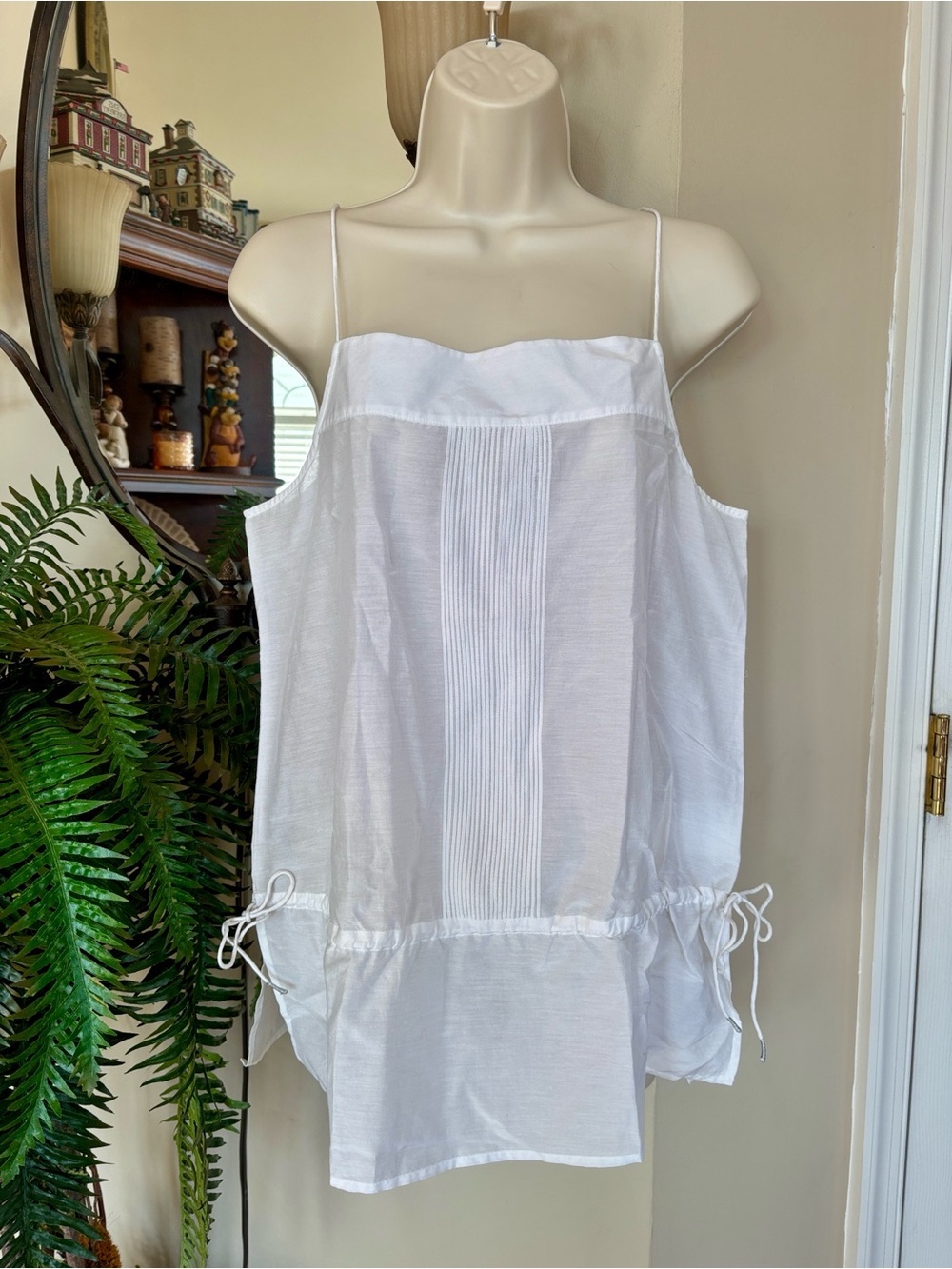 NWT Club Monaco White Spaghetti Strap Pintuck Tunic Blouse Tank Top Drawstring